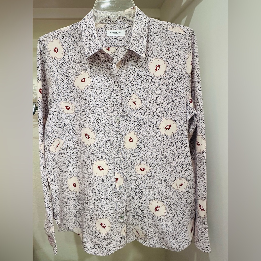 Equipment Floral Button-Up Blouse in Cream and Warm Brown with Blue patterns